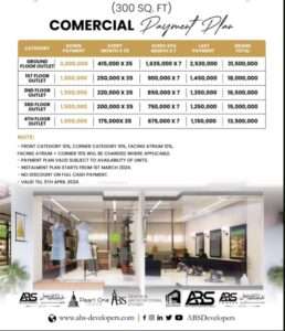 payment plan for 300 Sq. feet commercial at Pearl One Courtyard