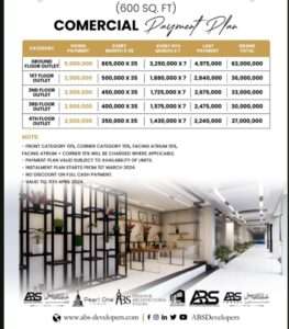 payment plan for 600 Sq. feet commercial at Pearl One Courtyard